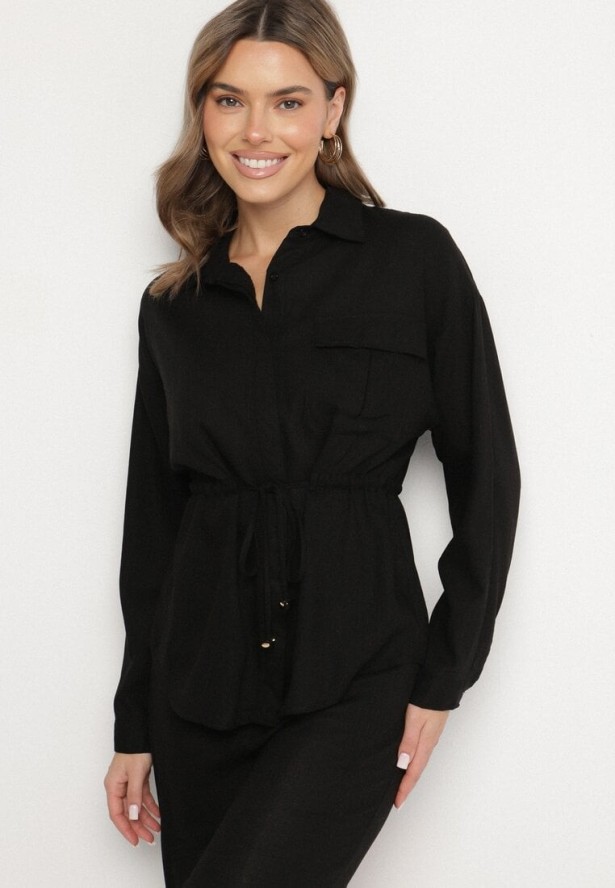 Czarny Komplet z Wiskozą Koszula Ściągana w Talii i Szerokie Spodnie Divellara