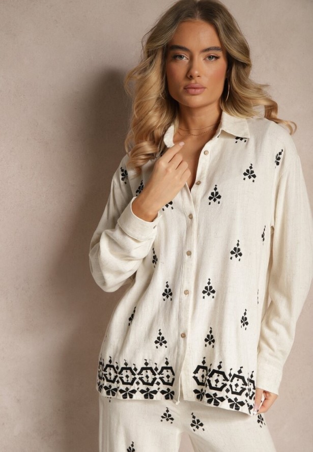 Biało-Czarna Koszula Boho z Wiskozy i Lnu z Ozdobnym Hafem Arliena