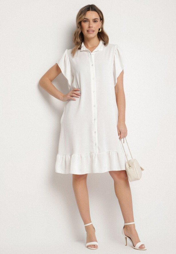 Biała Sukienka Koszulowa z Guzikami i Falbankami Tenalena