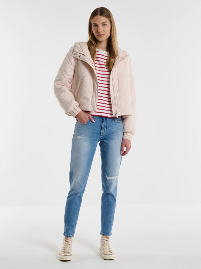 Kurtka damska pikowana z kapturem przejściowa kremowa Pery 103