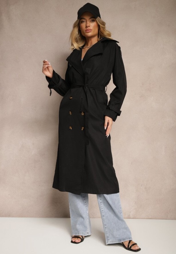 Czarny Płaszcz o Wydłużonym Fasonie Trencza z Guzikami i Paskiem Dennime