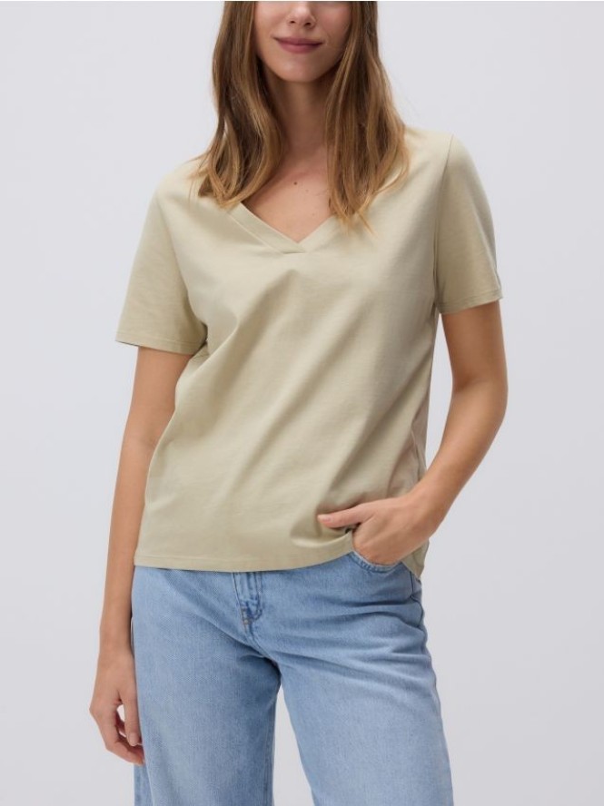 T-shirt regular z dekotem V - oliwkowy