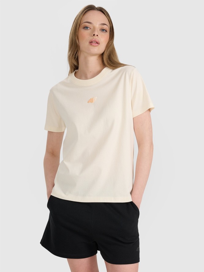 4F T-shirt oversize z nadrukiem damski - beżowy S