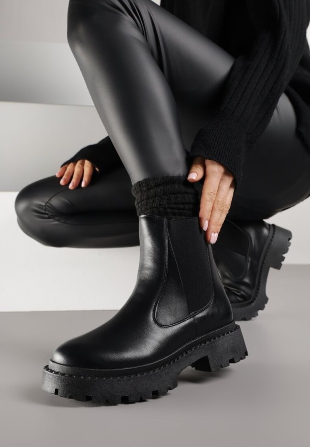 Czarne Botki Sztyblety na Platformie Oppore