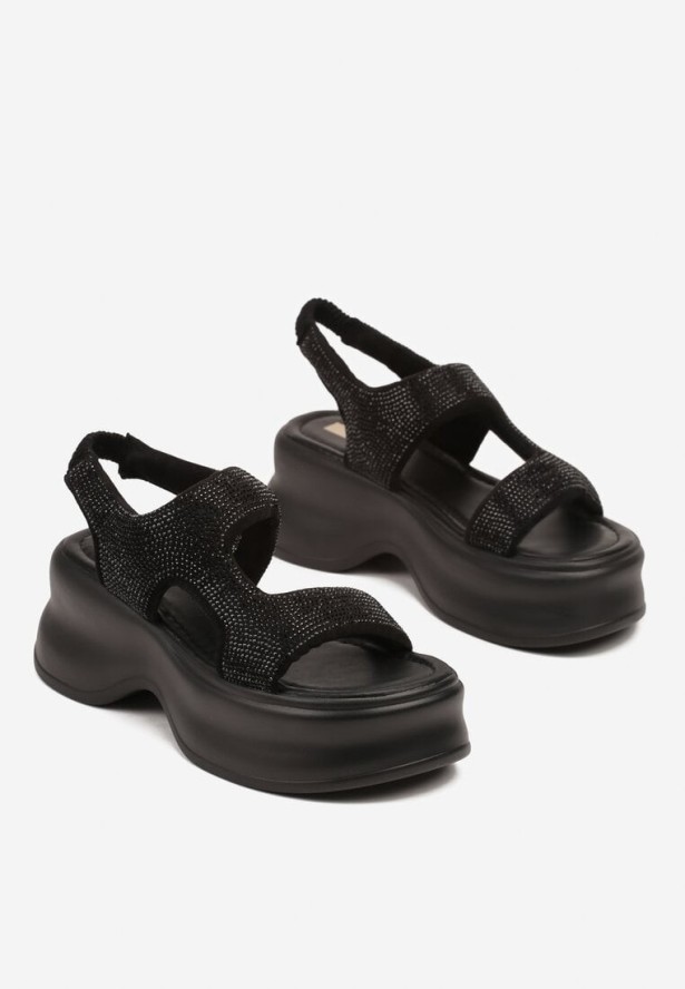 Czarne Sandały na Platformie Ozdobione Cyrkoniami Nalionis