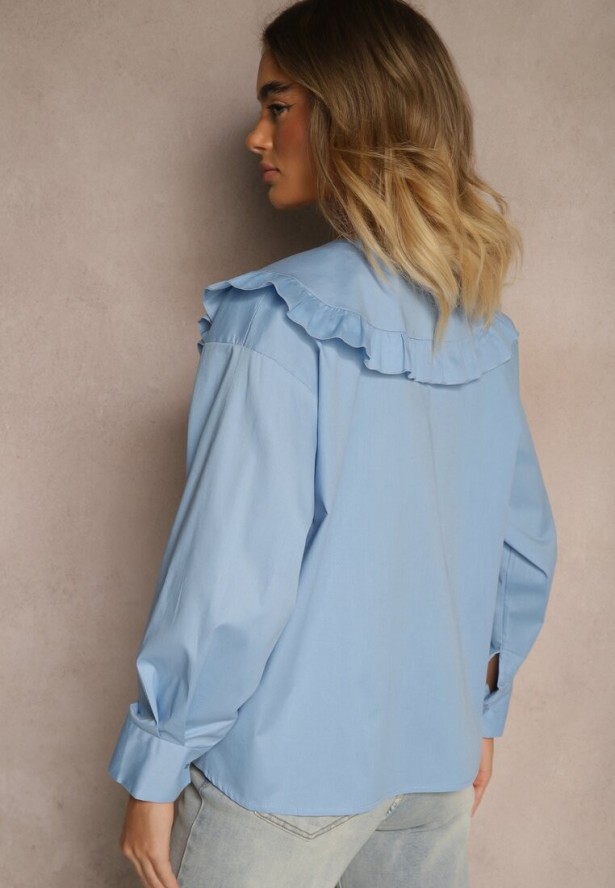 Niebieska Koszula z Bawełny w Stylu Retro z Wiązaniem i Kołnierzykiem z Falbankami Firsela