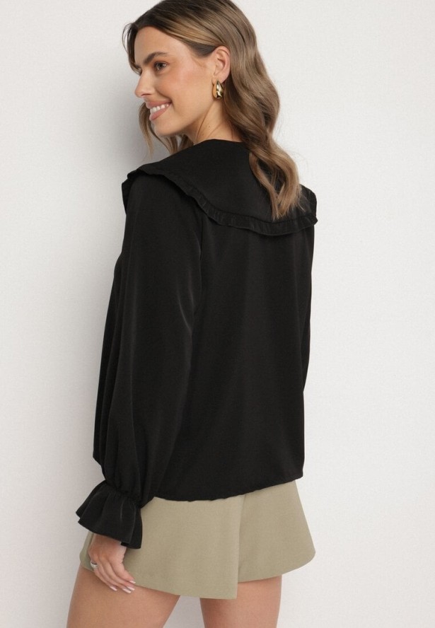 Czarna Koszula z Ozdobnym Kołnierzykiem i Falbankami Emilarae