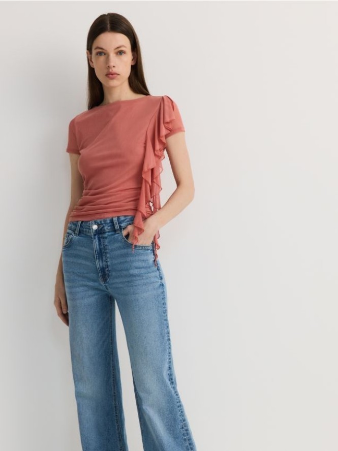 Bluzka z dekoracyjną falbaną - brudny róż