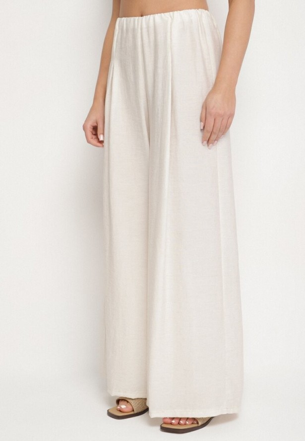 Jasnobeżowy Komplet z Lnem Szerokie Spodnie i Wiązana Bluzka Idaviela