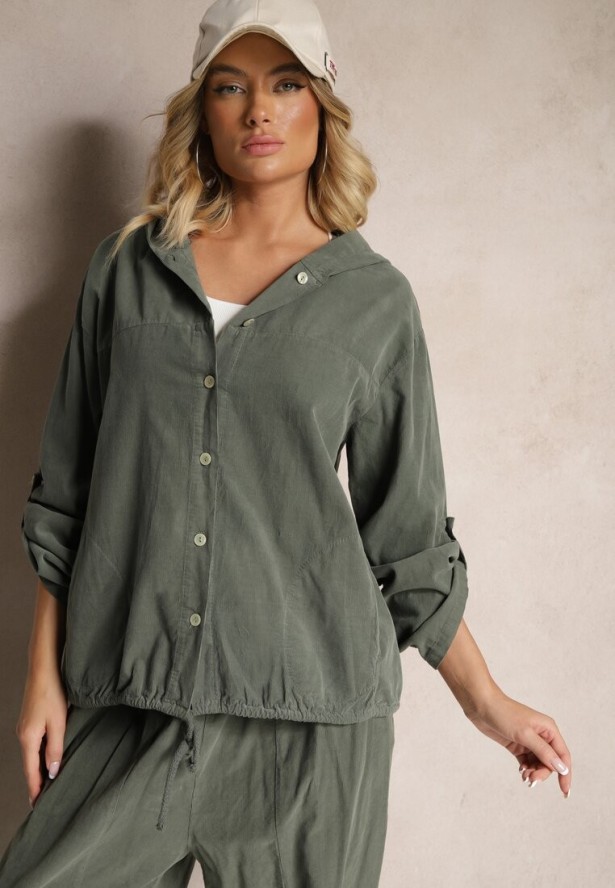 Ciemnozielona Koszula z Bawełny o Luźnym Kroju z Kapturem i Ściągaczem Felanira