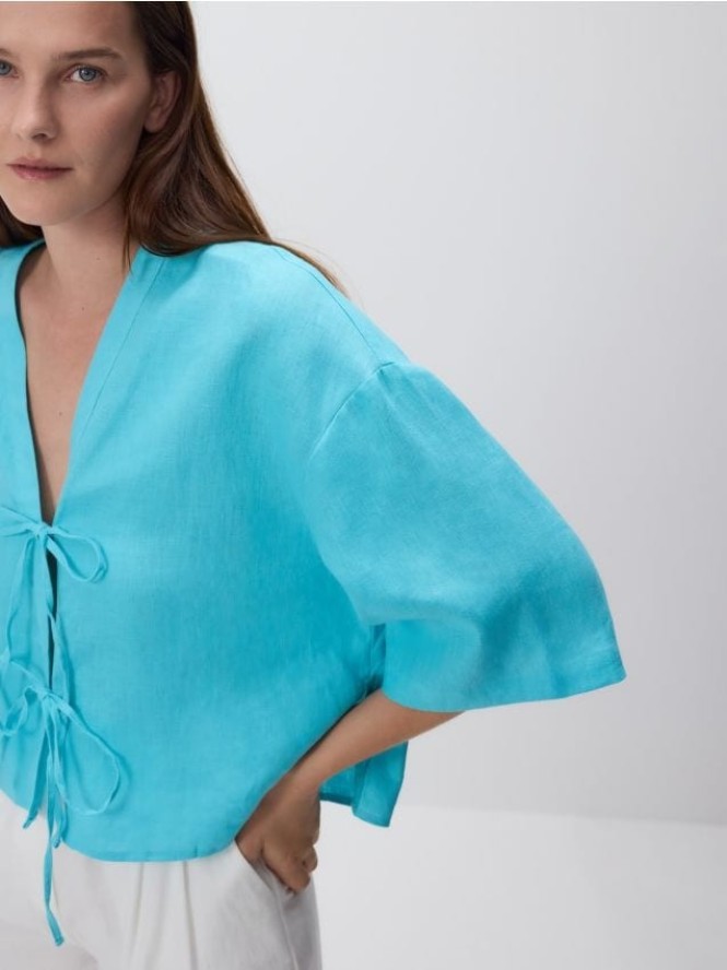 Lniana bluzka z wiązaniami - jasnoturkusowy