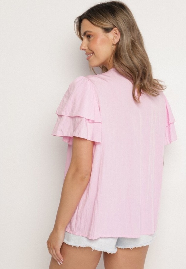 Różowa Bluzka z Wiskozą o Trapezowym kroju z Falbankami i Elastyczną Wstawką Dorlimi