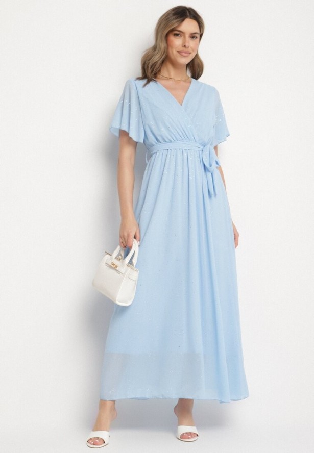 Niebieska Brokatowa Sukienka Koktajlowa Ozdobiona Paskiem Ziliane