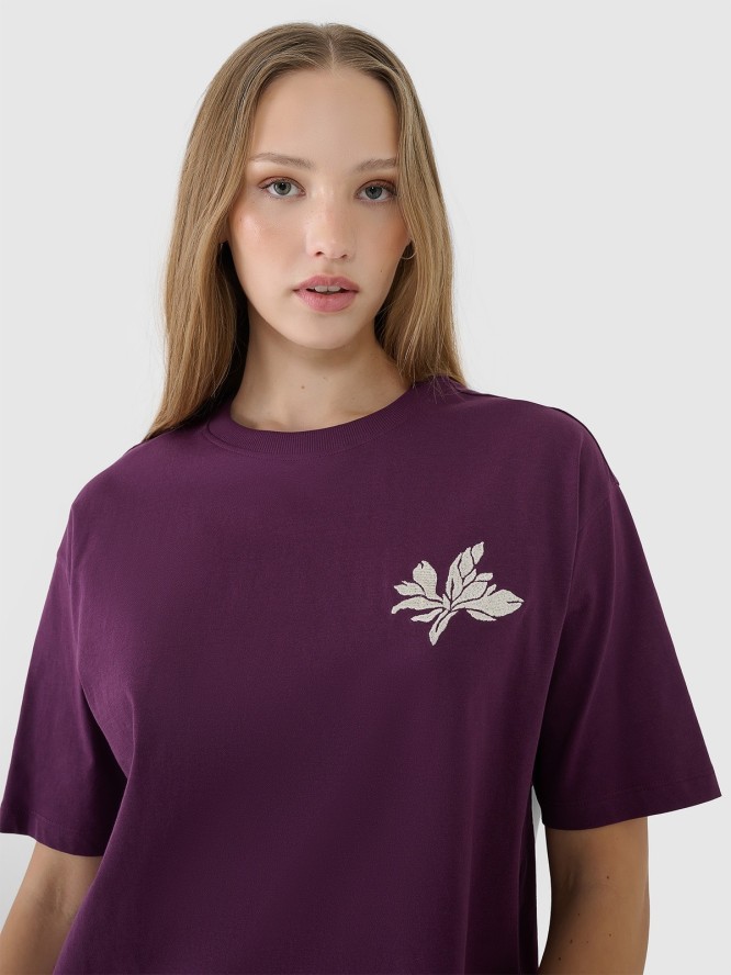 4F T-shirt oversize z nadrukiem damski - fioletowy XS
