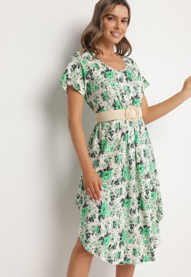 Zielona Sukienka Bawełniana z Asymetrycznym Dołem w Kwiatki Nativienne