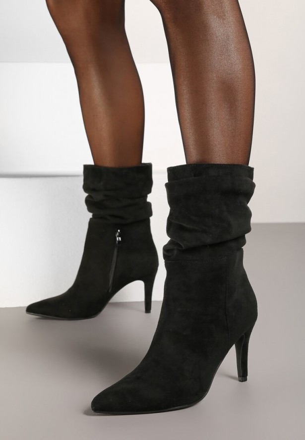 Czarne Botki na Szpilce z Marszczeniem Mirah