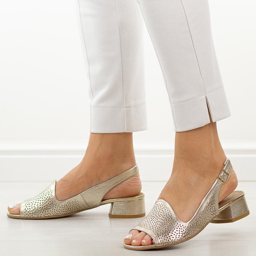 Złote S ażurowe skórzane Polskie sandały damskie na obcasie Deoni D521A