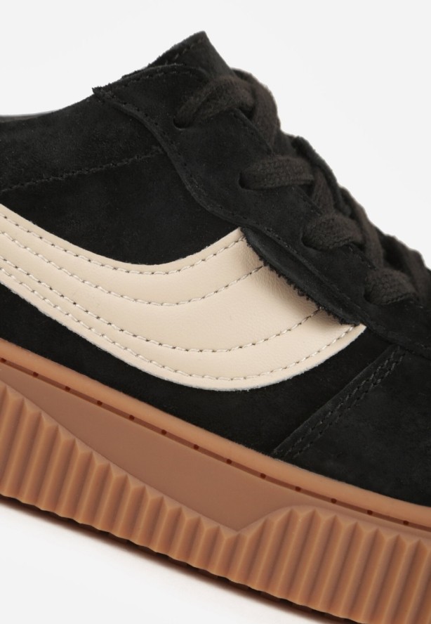 Czarne Zamszowe Sneakersy w Stylu Klasycznych Tenisówek ze Skórzaną Wkładką Riosera