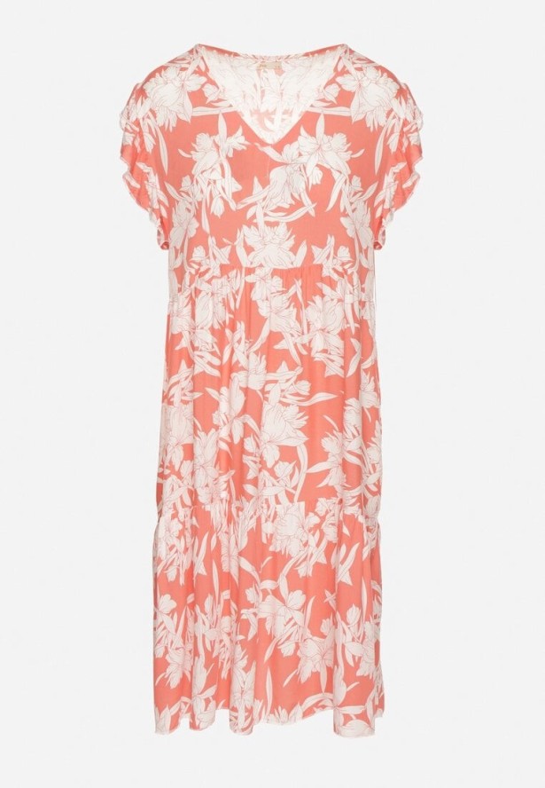 Różowa Bawełniana Sukienka o Rozkloszowanym Kroju w Kwiaty Libella