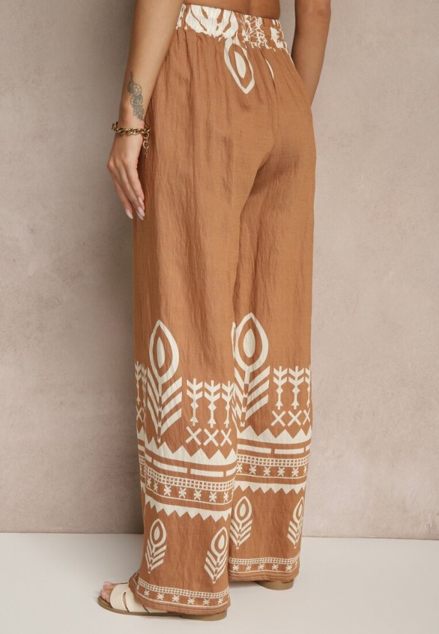 Brązowe Szerokie Spodnie z Wiskozy z Gumką w Talii Zdobione Etnicznym Wzorem Soleldi