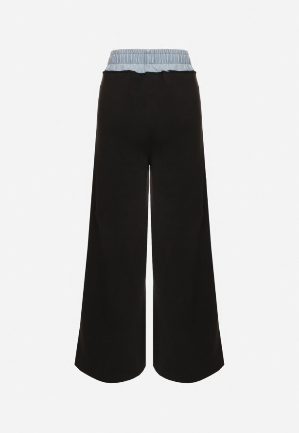 Czarno-Niebieskie Szerokie Spodnie z Bawełną Wysokim Stanem i Wstawką Imitującą Jeans Tannira