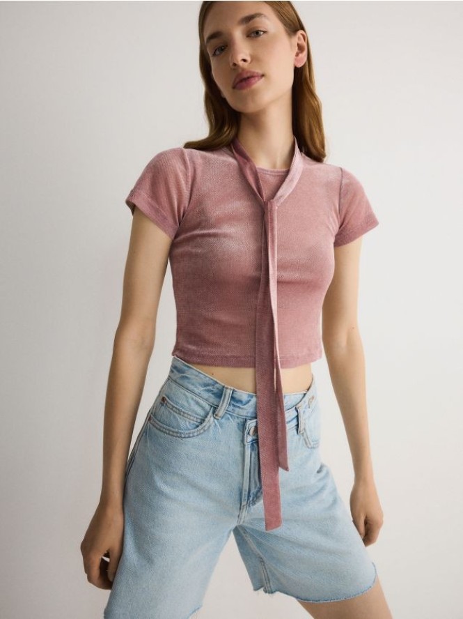 Meshowa bluzka z szalem - różowy