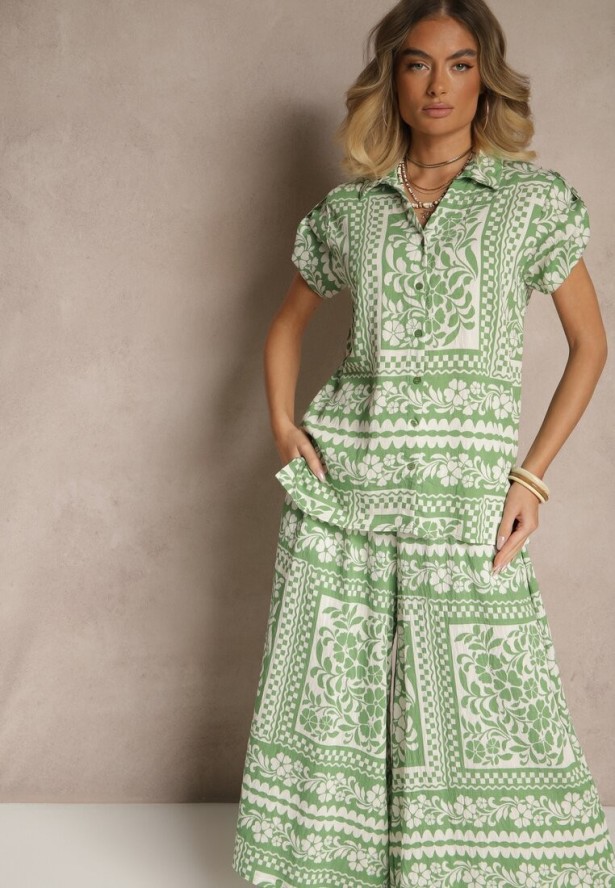 Jasnozielony Komplet z Wiskozą w Kwiatowy Wzór Koszula i Spodnie Sonelienna