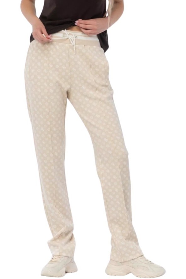 GUESS Beżowe damskie spodnie dresowe w monogram New Aggie, Rozmiar L