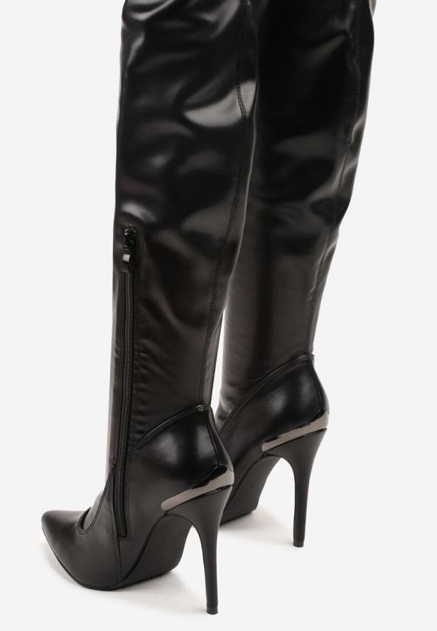 Czarne Kozaki Vices na Szpilce z Dopasowaną Cholewką za Kolano Tadvira