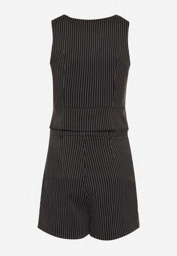 Czarny Komplet Bluzka i Spódnico-Szorty w Paski z Bawełną w Stylu Garniturowym Lirasine