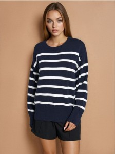 Sweter w paski z wiskozy - granatowy