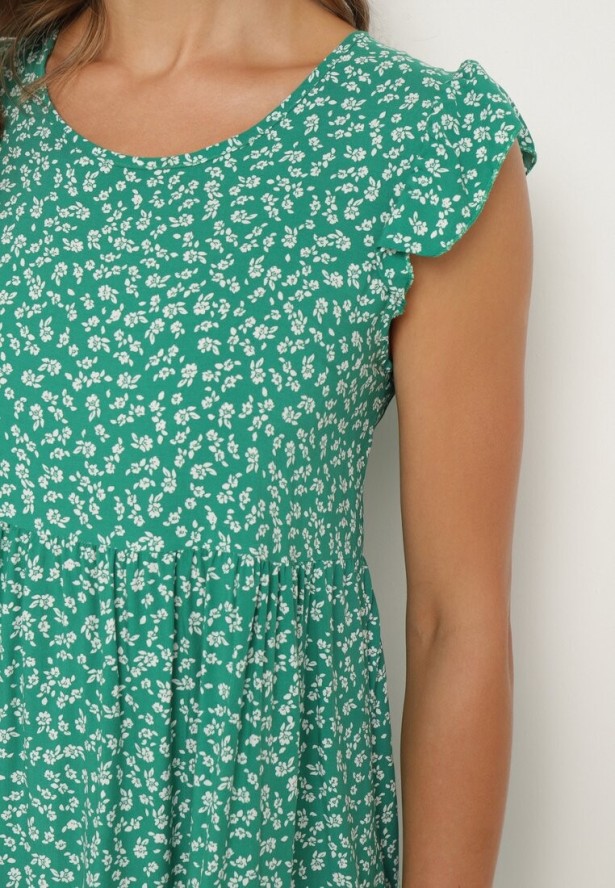 Zielona Bawełniana Sukienka o Rozkloszowanym Kroju z Falbanką Anettes