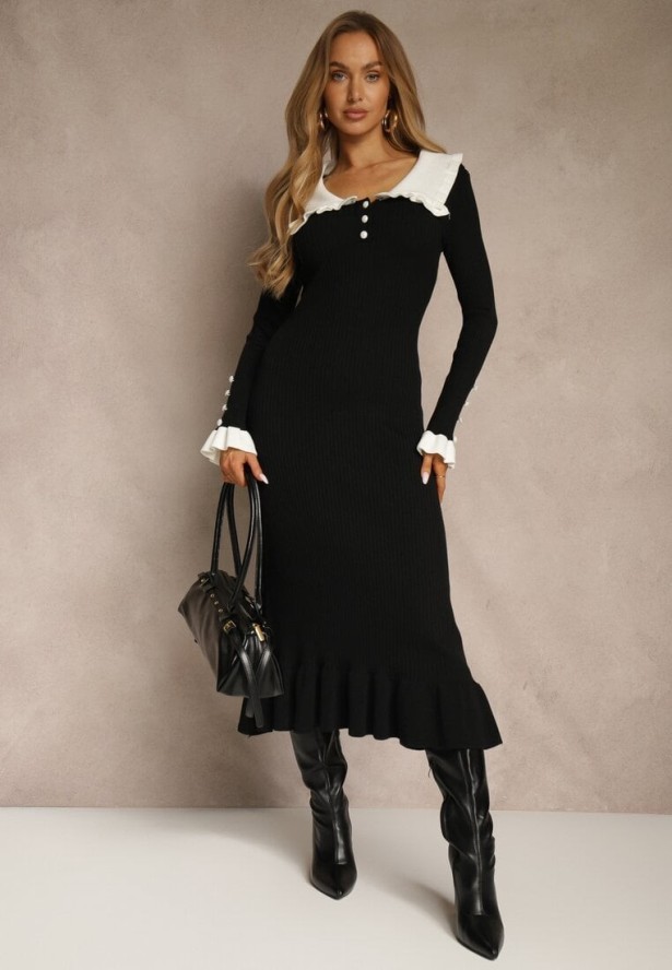 Czarna Sukienka Retro z Dzianiny z Wiskozą Zdobiona Kołnierzykiem Zihanne