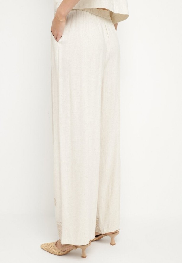 Beżowe Szerokie Spodnie z Lnem Wiskozą i Wysokim Stanem Ozdobione Haftem Borilna