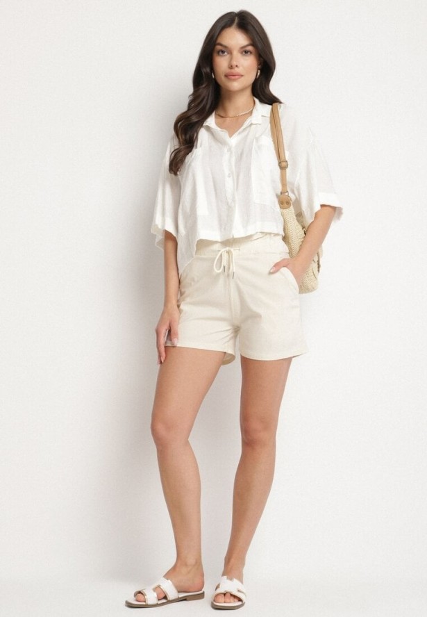 Jasnobeżowe Szorty z Bawełną z Wysokim Stanem Ozdobione Falbanką i Sznurkiem Acreria