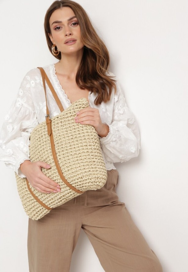 Jasnobeżowa Pleciona Torebka Shopper z Rączkami Zapinana na Suwak Alulasa