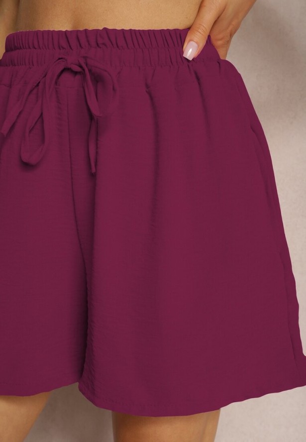 Ciemnofioletowe Szorty o Luźnym Kroju High Waist z Gumką w Talii Vimallora
