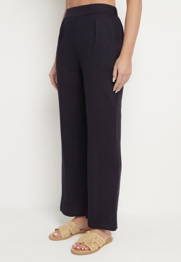 Granatowy Komplet z Wiskozą Lnem Koszula z Paskiem i Szerokie Spodnie Galorisa