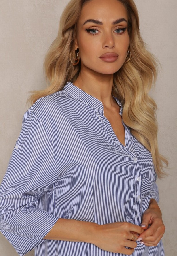 Granatowo-Biała Koszula z Bawełny o Luźnym Kroju w Paski z Guziczkami Konolla