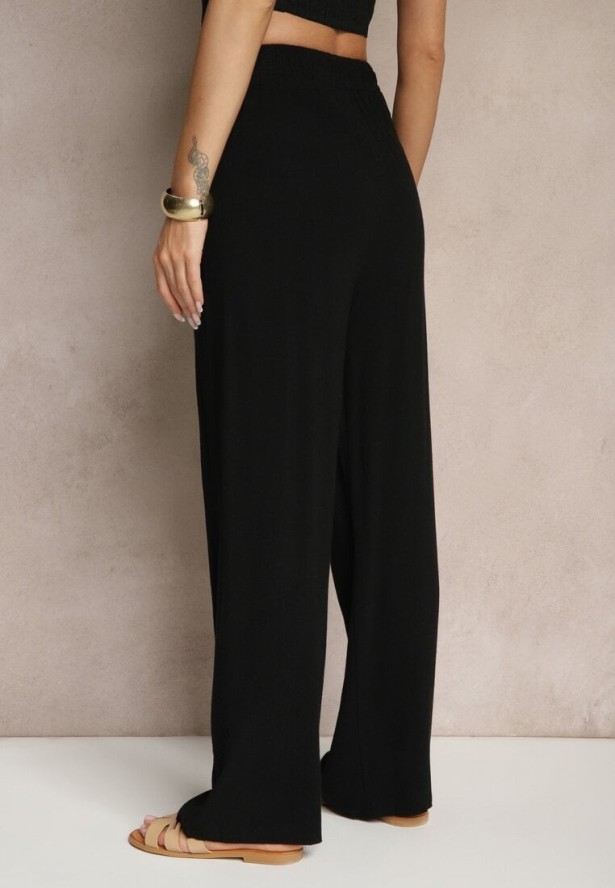 Czarne Spodnie z Lnem i Bawełną o Szerokim Kroju High Waist Sallieta