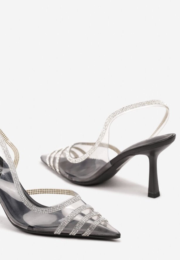 Czarne Sandały Transparentne z Cyrkoniami na Obcasie Typu Szpilka Felinira