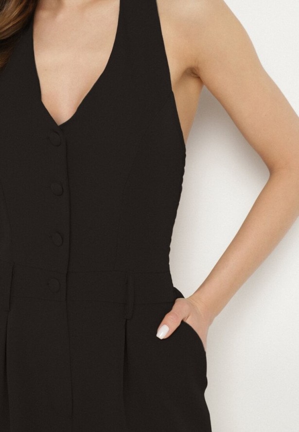 Czarny Kombinezon Taliowany Ozdobiony Guzikami Niladwenna