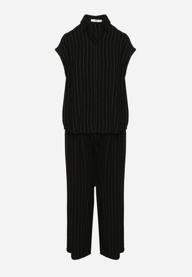 Czarny Wiskozowy Komplet w Paski Koszula z Krótkim Rękawem i Spodnie Dalirel