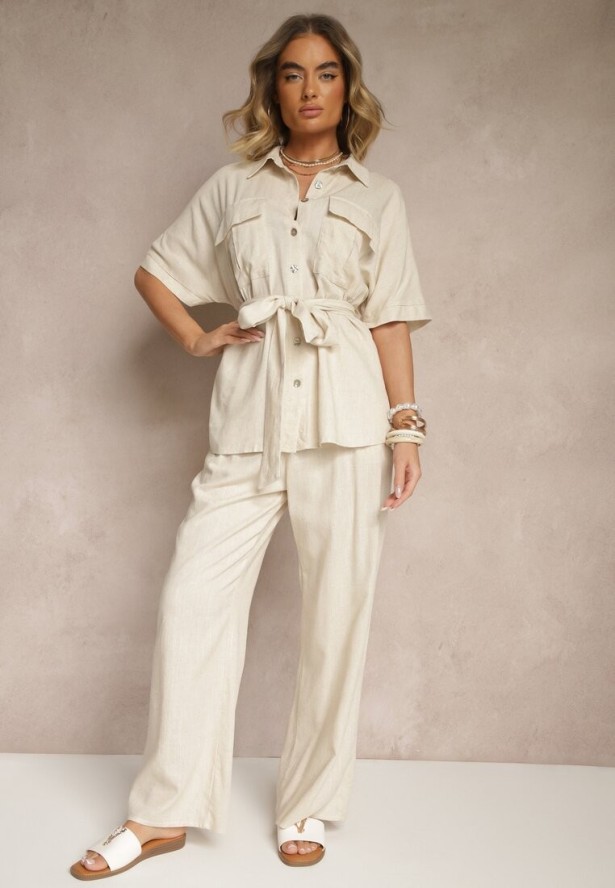 Ciemnobeżowy Komplet z Lnem i Wiskozą Szerokie Spodnie i Koszula z Paskiem Galanitia