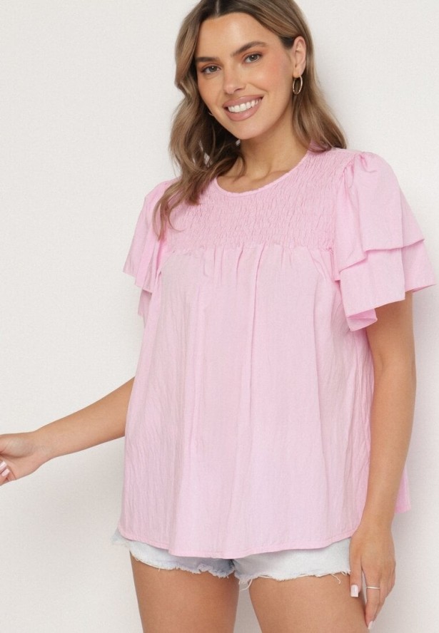 Różowa Bluzka z Wiskozą o Trapezowym kroju z Falbankami i Elastyczną Wstawką Dorlimi