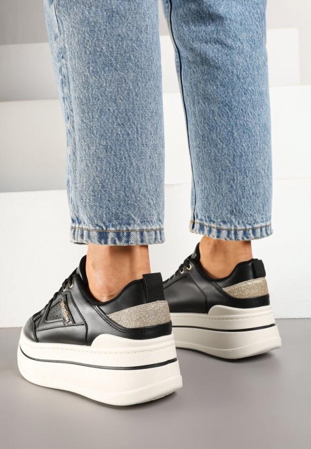 Czarne Sneakersy na Grubej Podeszwie Zdobione Brokatem Kariven