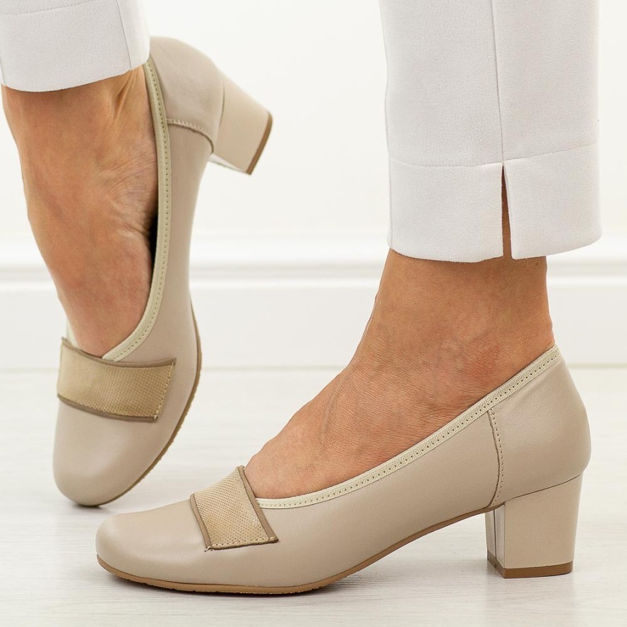 Beżowe skórzane Polskie czółenka damskie na obcasie Gregors 1060