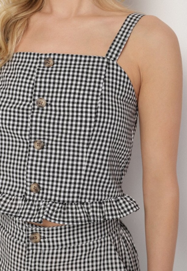 Czarna Bluzka Top ze Wzorem Kraty Ozdobiony Falbanką i Guzikami Folorae