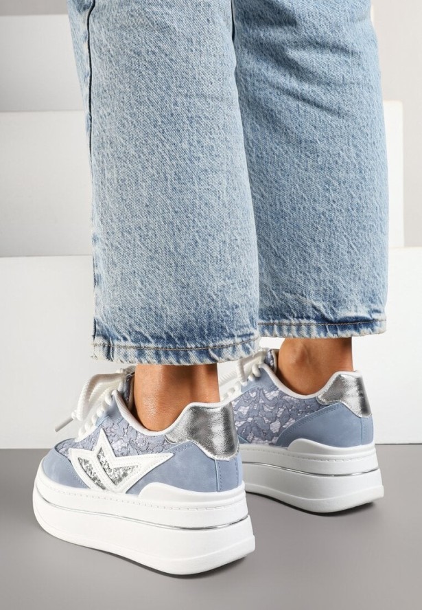Niebieskie Sneakersy na Grubej Podeszwie z Gwiazdą i Brokatem Telesaris