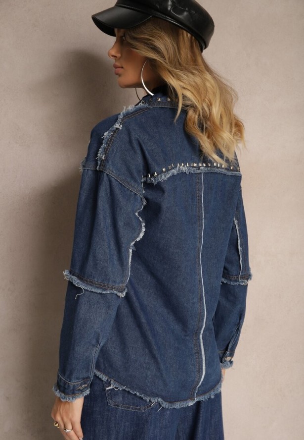 Granatowa Jeansowa Kurtka z Bawełny z Rozprutymi Elementami i Ćwiekami Trudilla